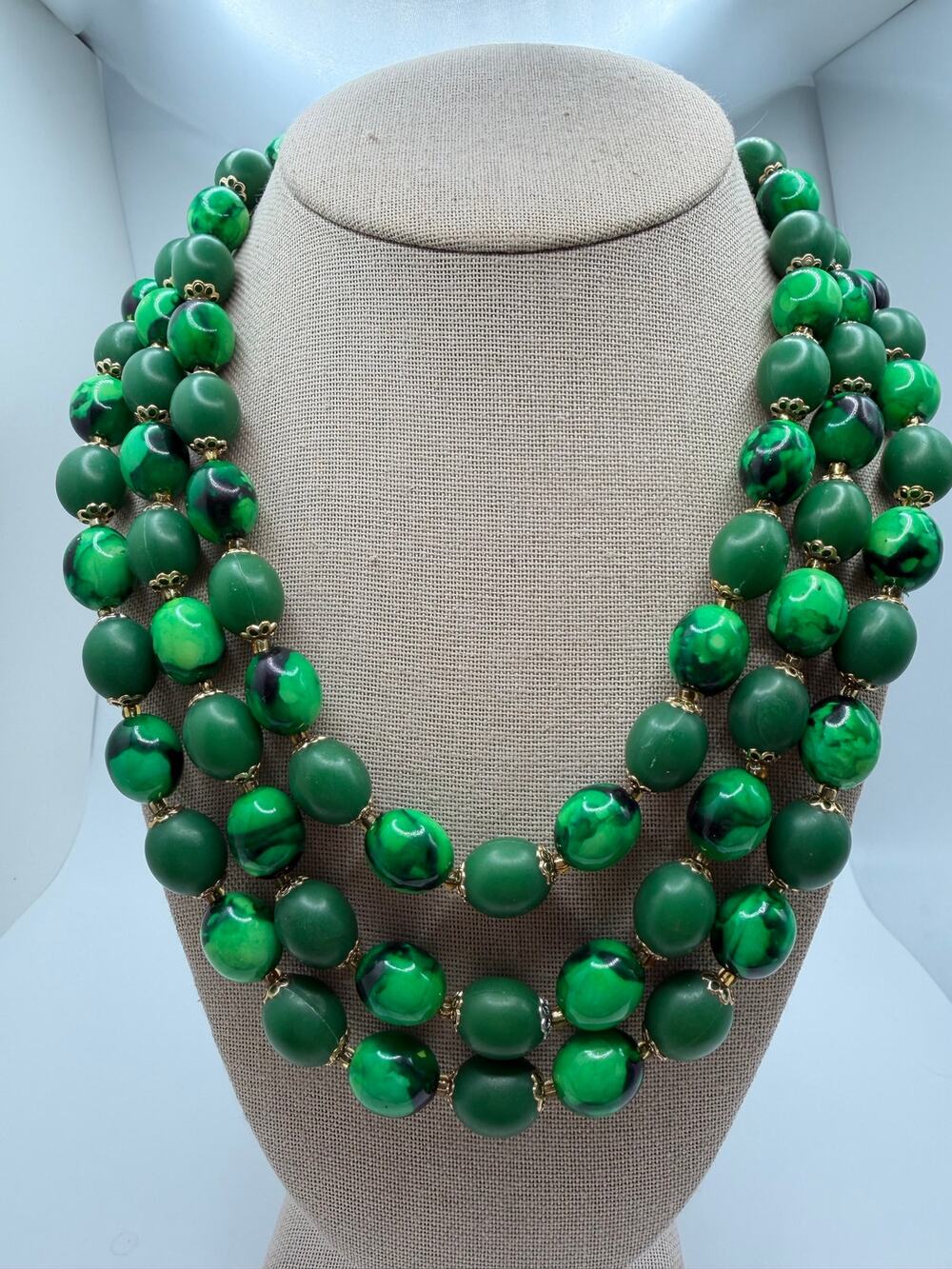 1950s VTG Mint Green Necklace 3 strand Plastic Beads Hong Kong